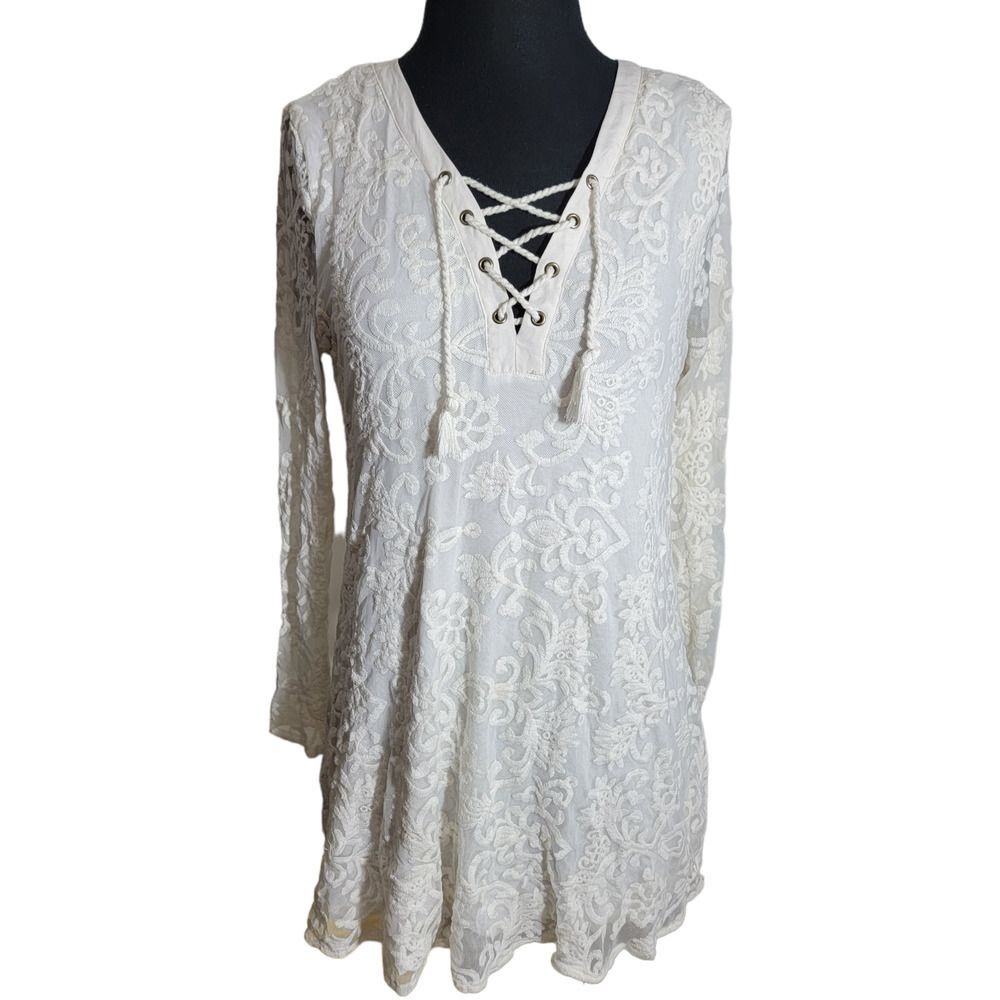 Forever 21 White Lace Boho Dress long sleeve sz L